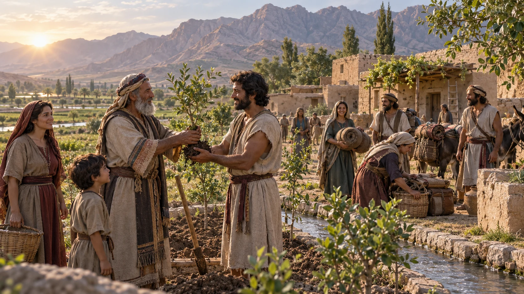 Elamite families replant an orchard beneath the Zagros at dawn.