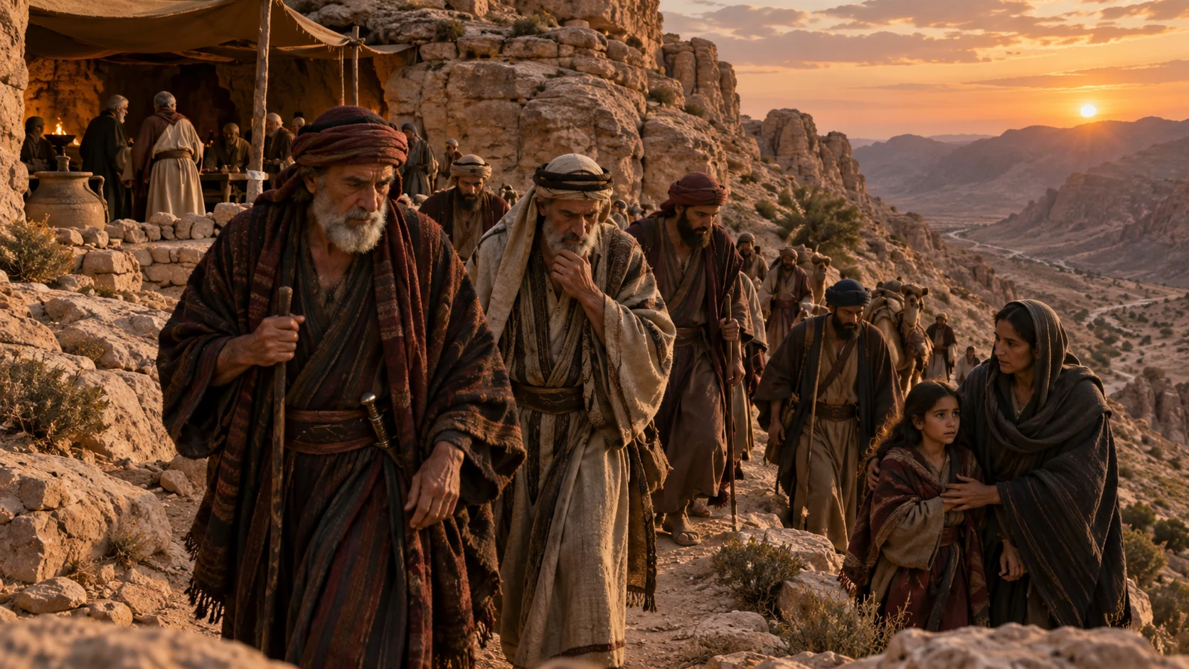 Edomite counselors gather among sandstone hills as a widow and relative prepare to travel.