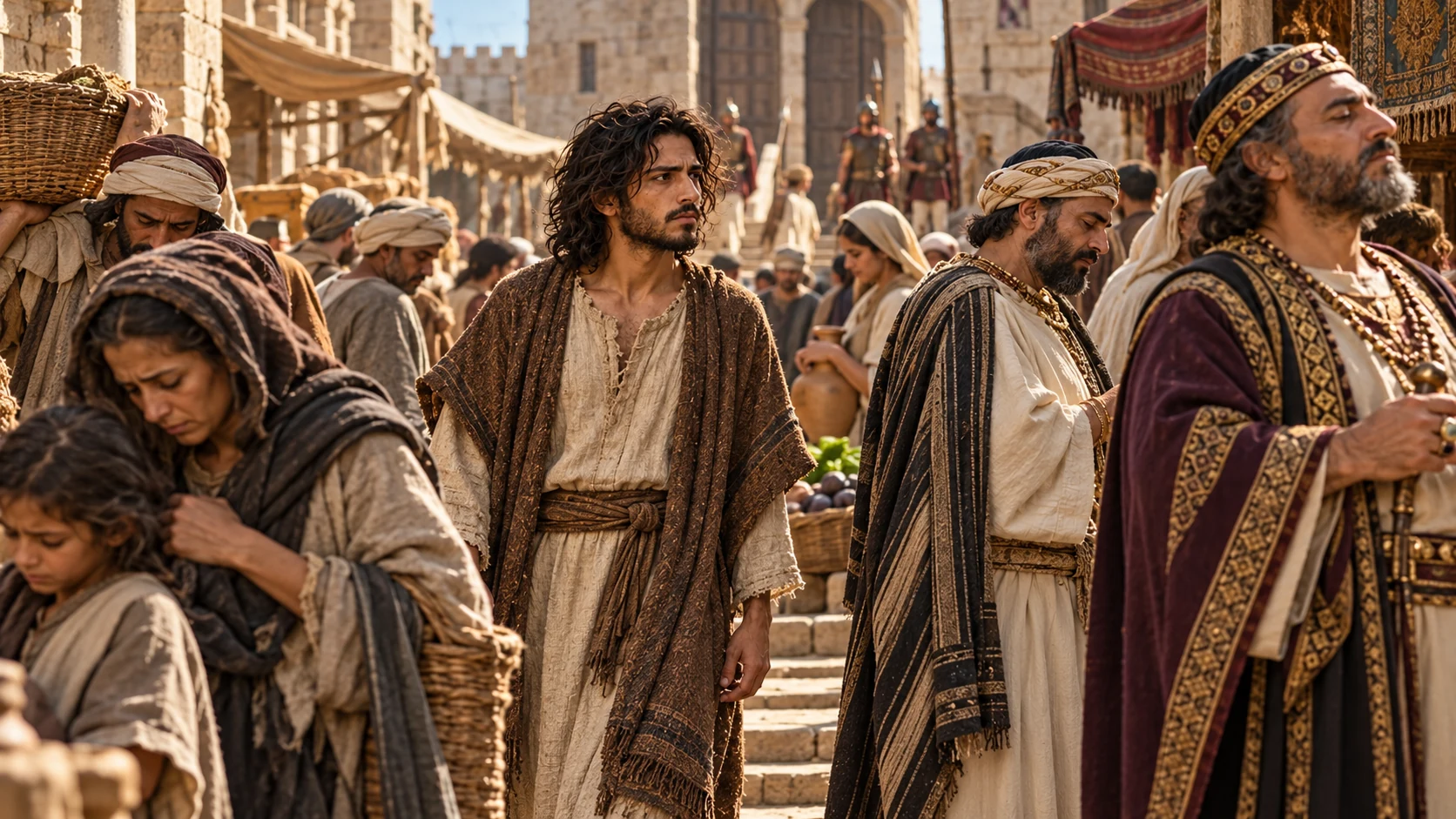 Jeremiah walks through a busy Jerusalem market, studying the faces of merchants and officials.