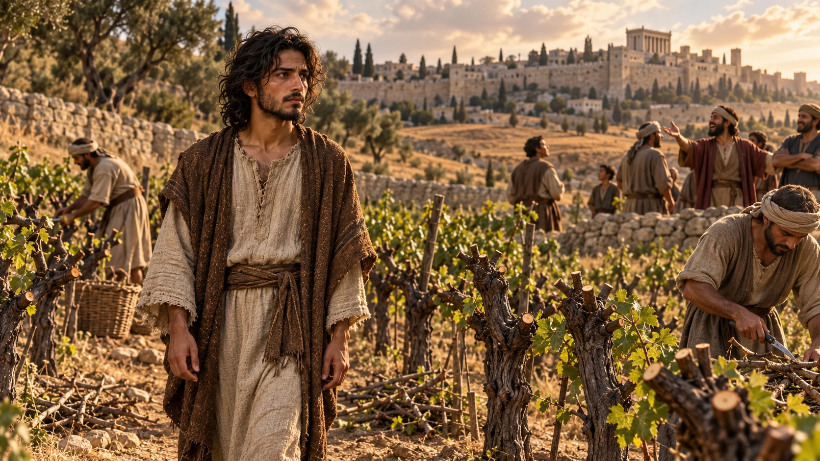 Workers strip branches from a vineyard wall as skeptical townspeople look away from Jeremiah.
