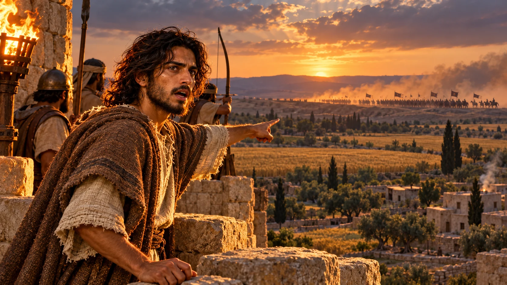 Jeremiah speaks before a crowd as firelike light catches on a distant horizon; an approaching army remains far away.