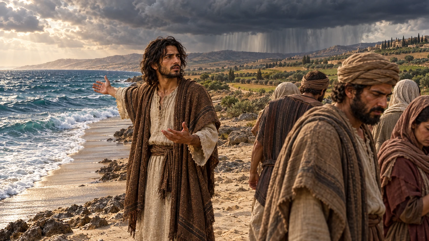 Jeremiah stands beside the Mediterranean surf and storm clouds over a dry grain field.