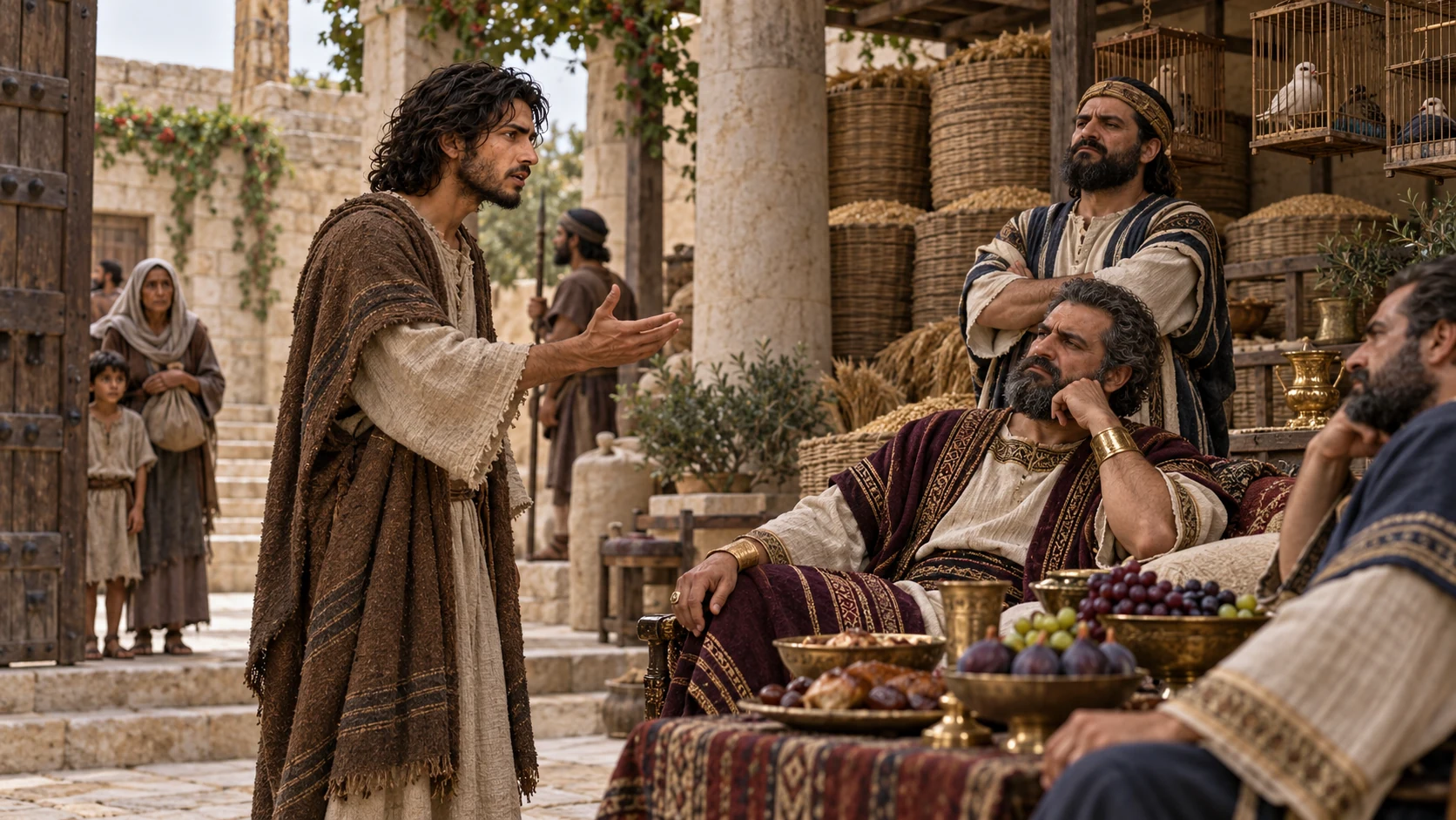 A wealthy Judean household feasts behind a gate while a widow and child wait outside unheard.