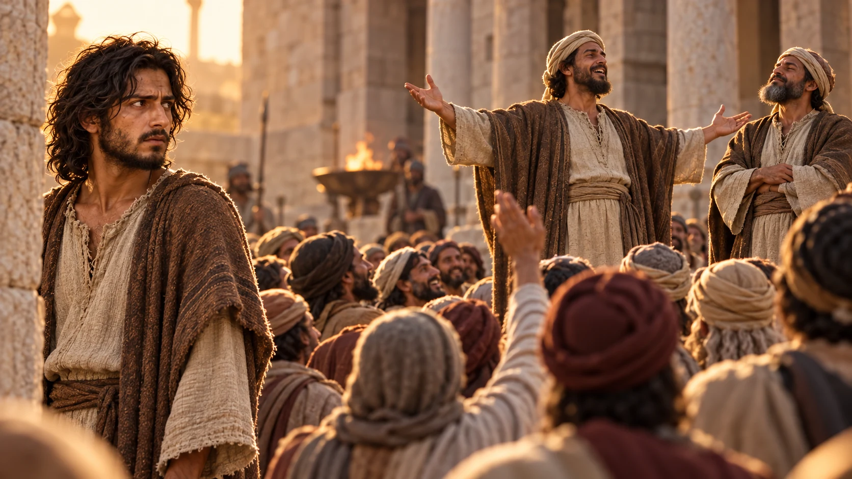A priest and popular prophet address a receptive crowd while Jeremiah watches from the edge of a temple courtyard.