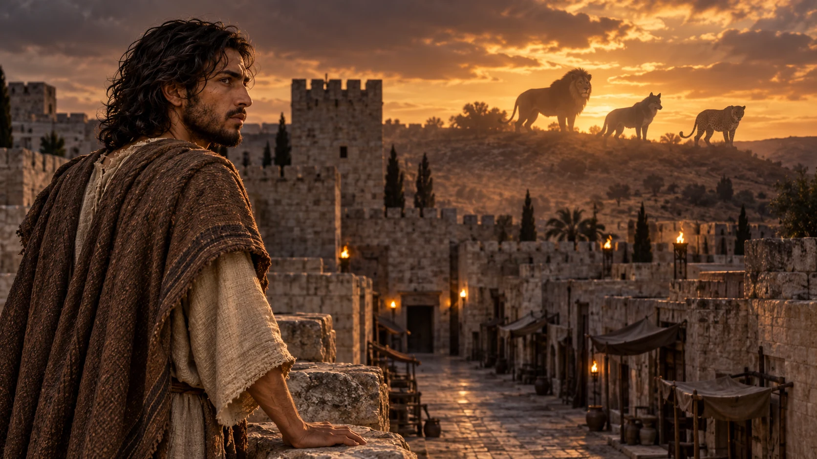 A lion, wolf, and leopard appear at the edge of a vulnerable Judean town in a restrained prophetic vision.