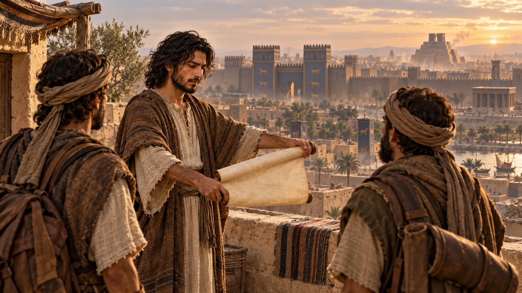 Jeremiah holds an open scroll before two couriers, with Babylon in a prophetic view.