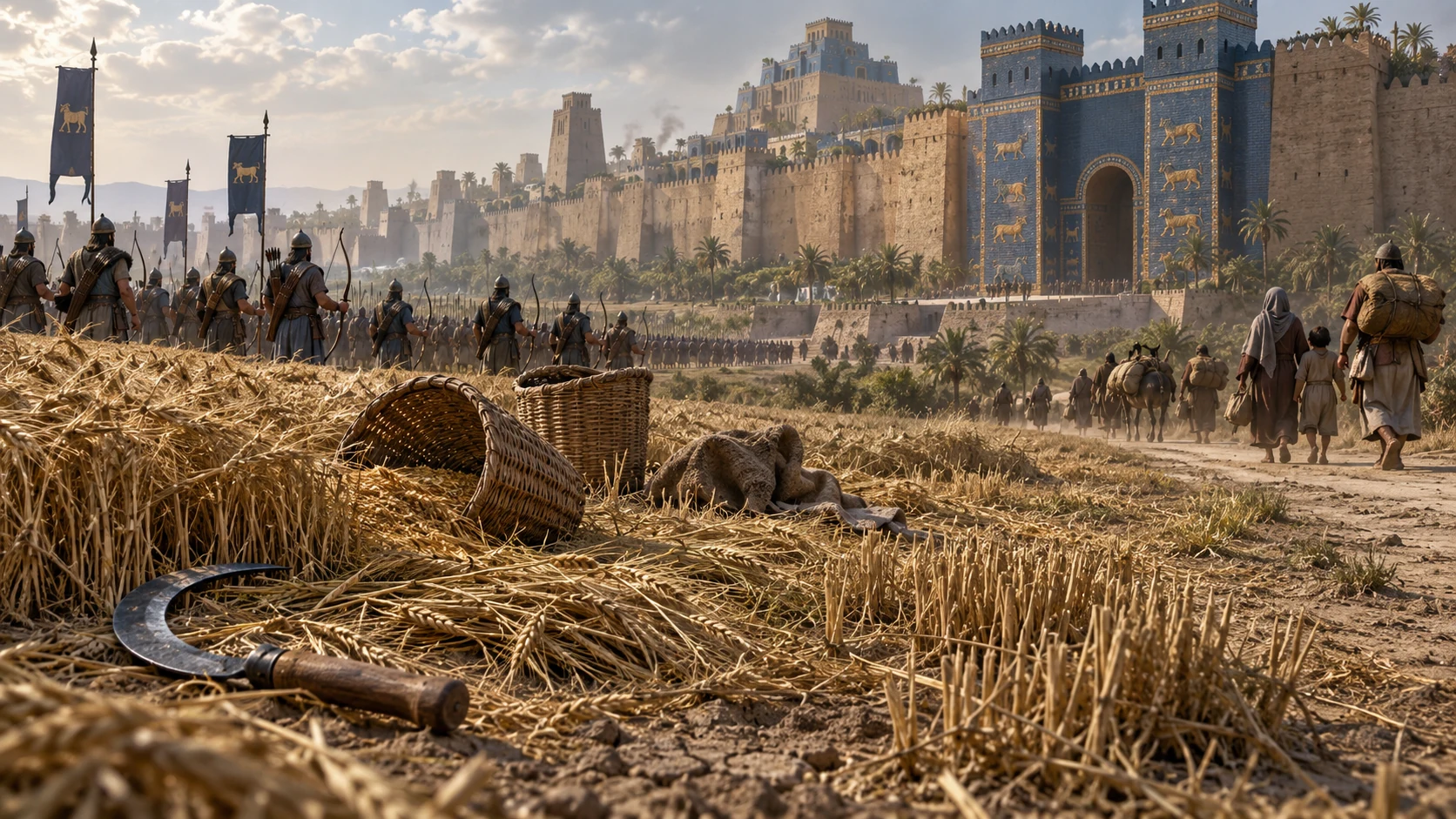 An abandoned sickle and baskets lie before Babylon’s walls and approaching archers.