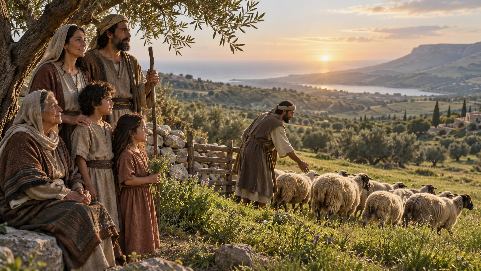 Three generations watch a shepherd release sheep into green pasture.