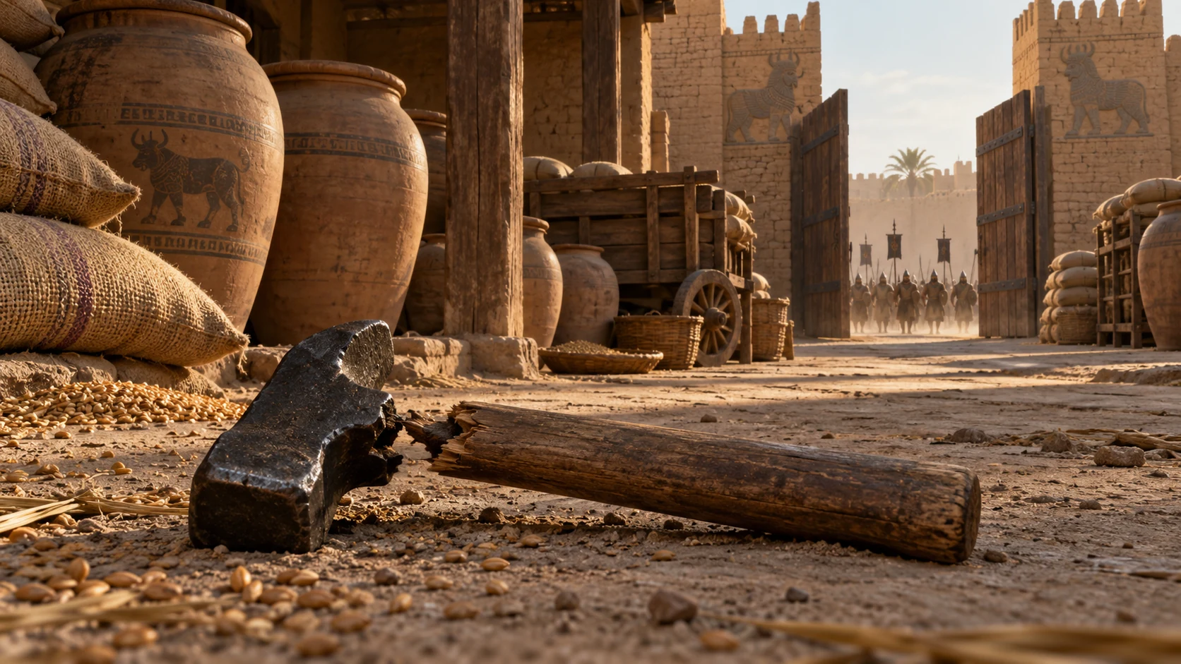 A broken ordinary hammer lies near Babylonian grain jars as soldiers approach.