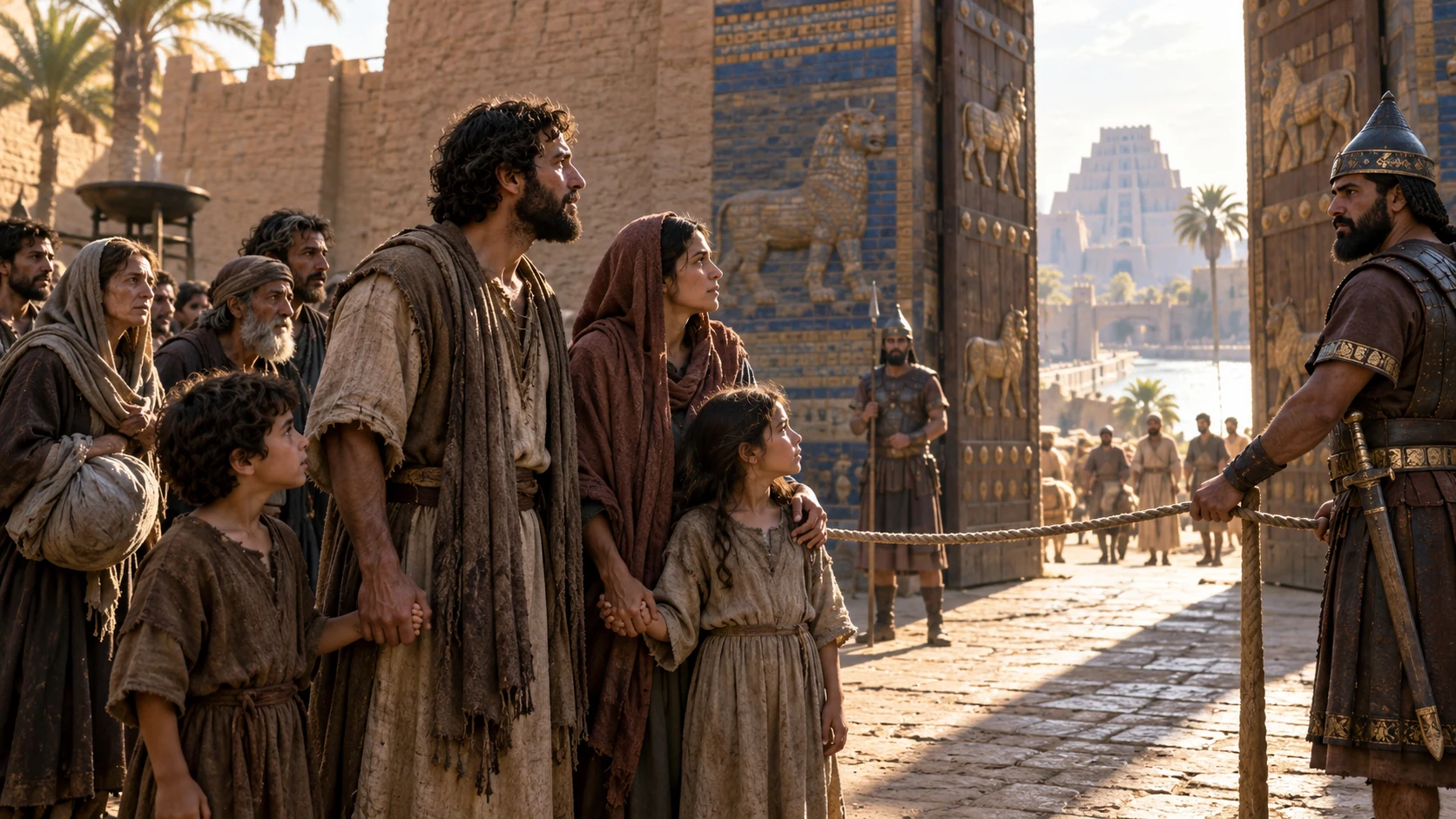 Captive families stand together at a Babylonian gate with a rope barrier.