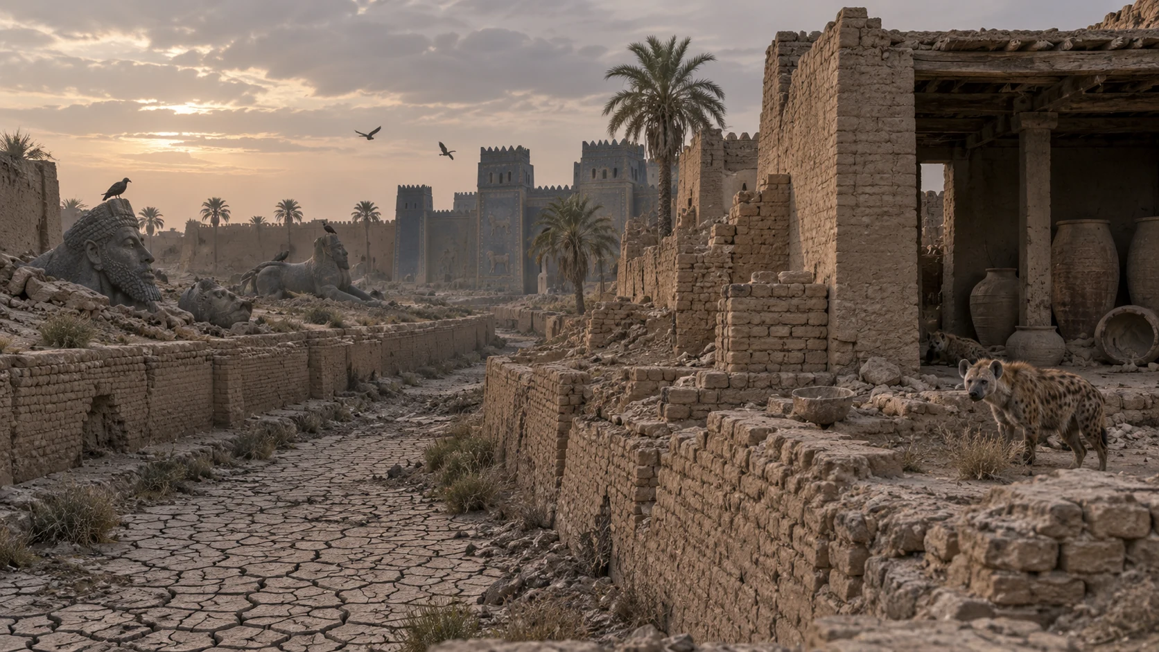 A cracked irrigation canal runs past abandoned walls and desert creatures.