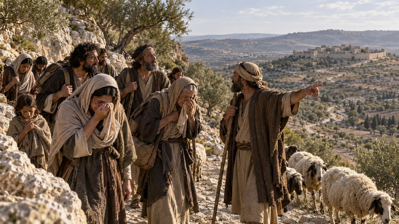 Exiled families travel a limestone path with sheep and ask a shepherd the way.