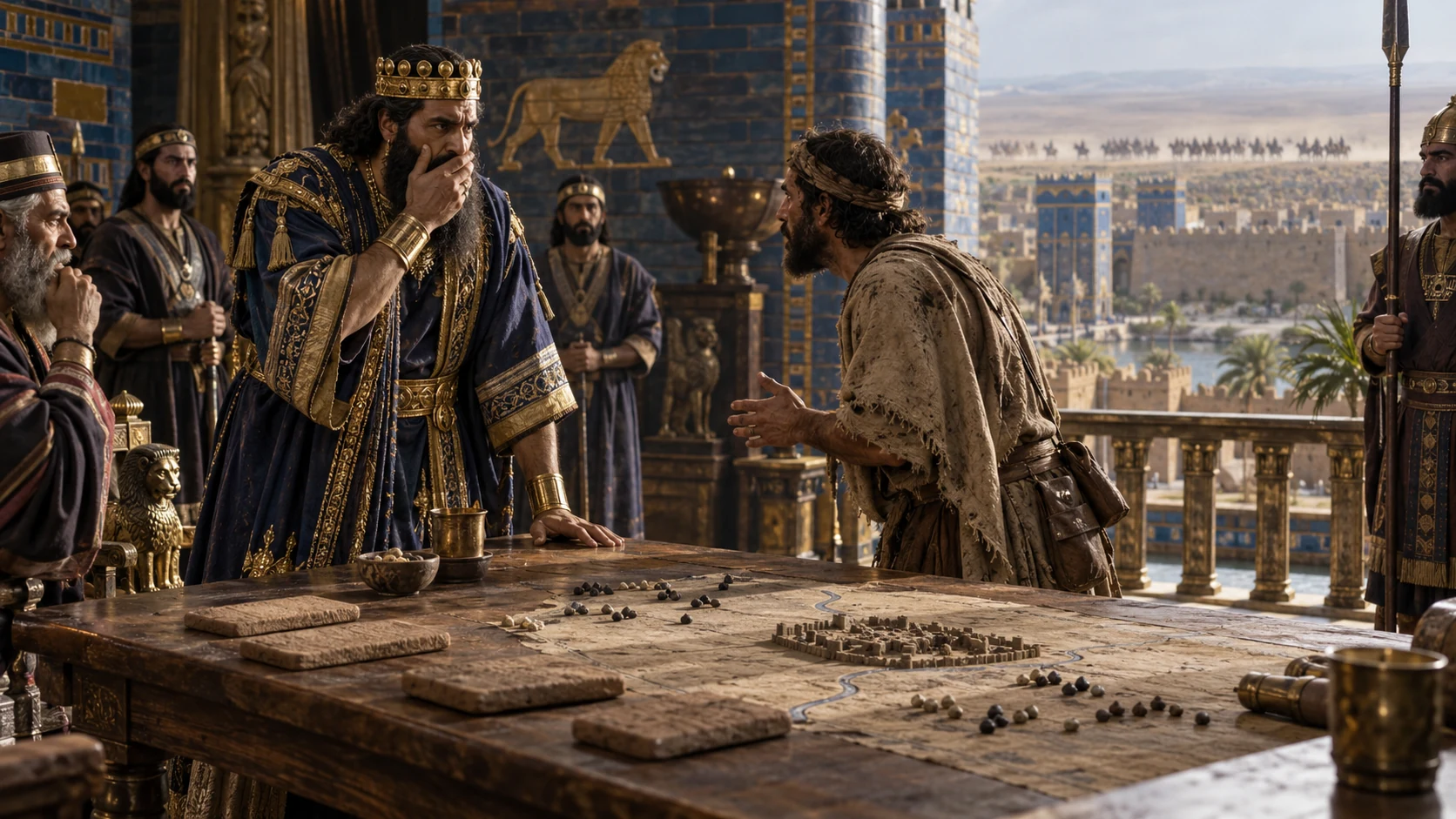 A messenger reports to a shaken Babylonian king in a palace council room.