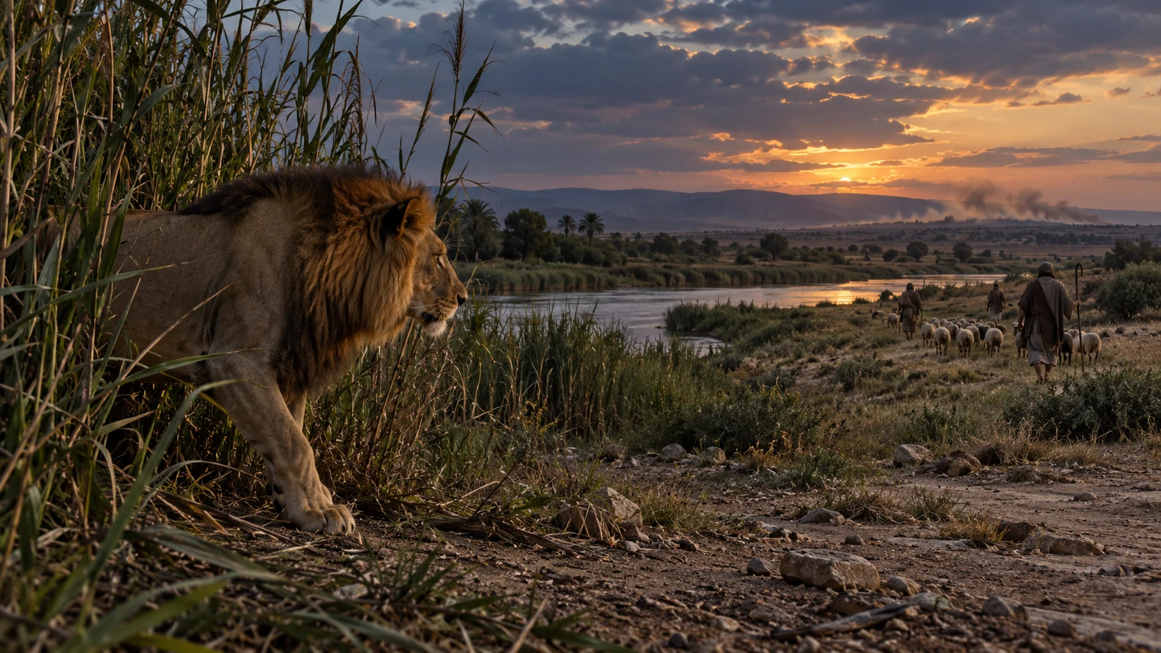 A real lion emerges from Jordan reeds while shepherds move their flock away.