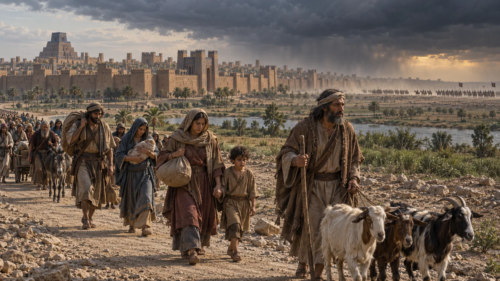 Families and goats depart along a dusty causeway before distant northern ranks.