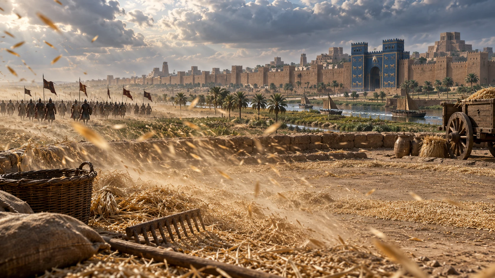 Chaff sweeps across a threshing floor before distant Babylonian walls.