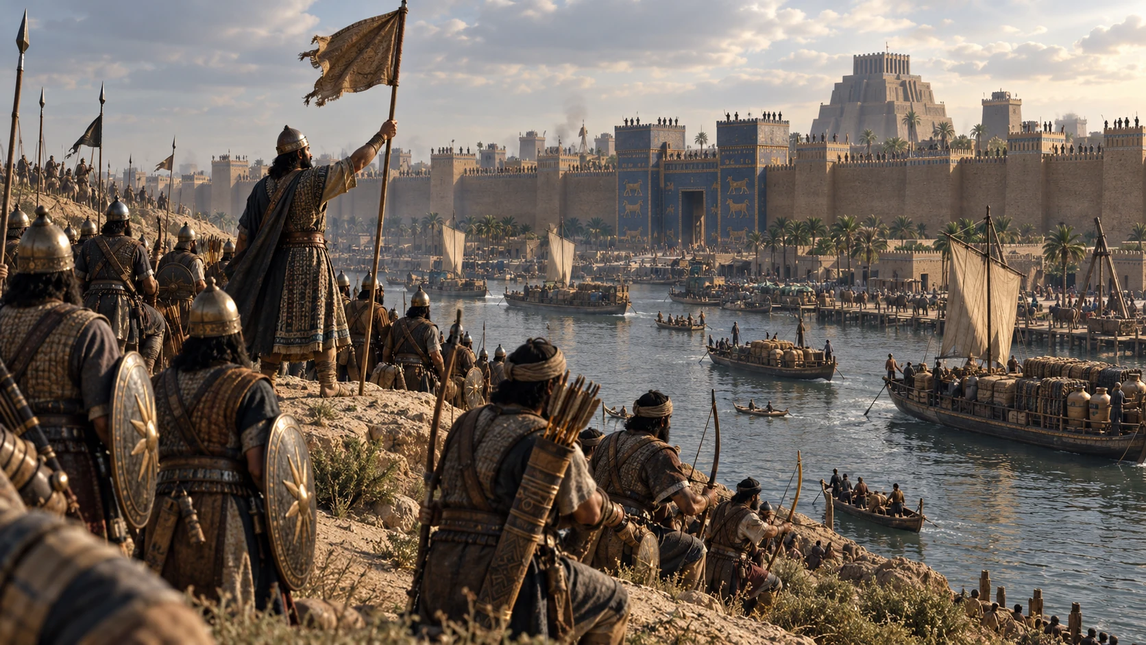 A Median commander signals archers across a canal from Babylon.