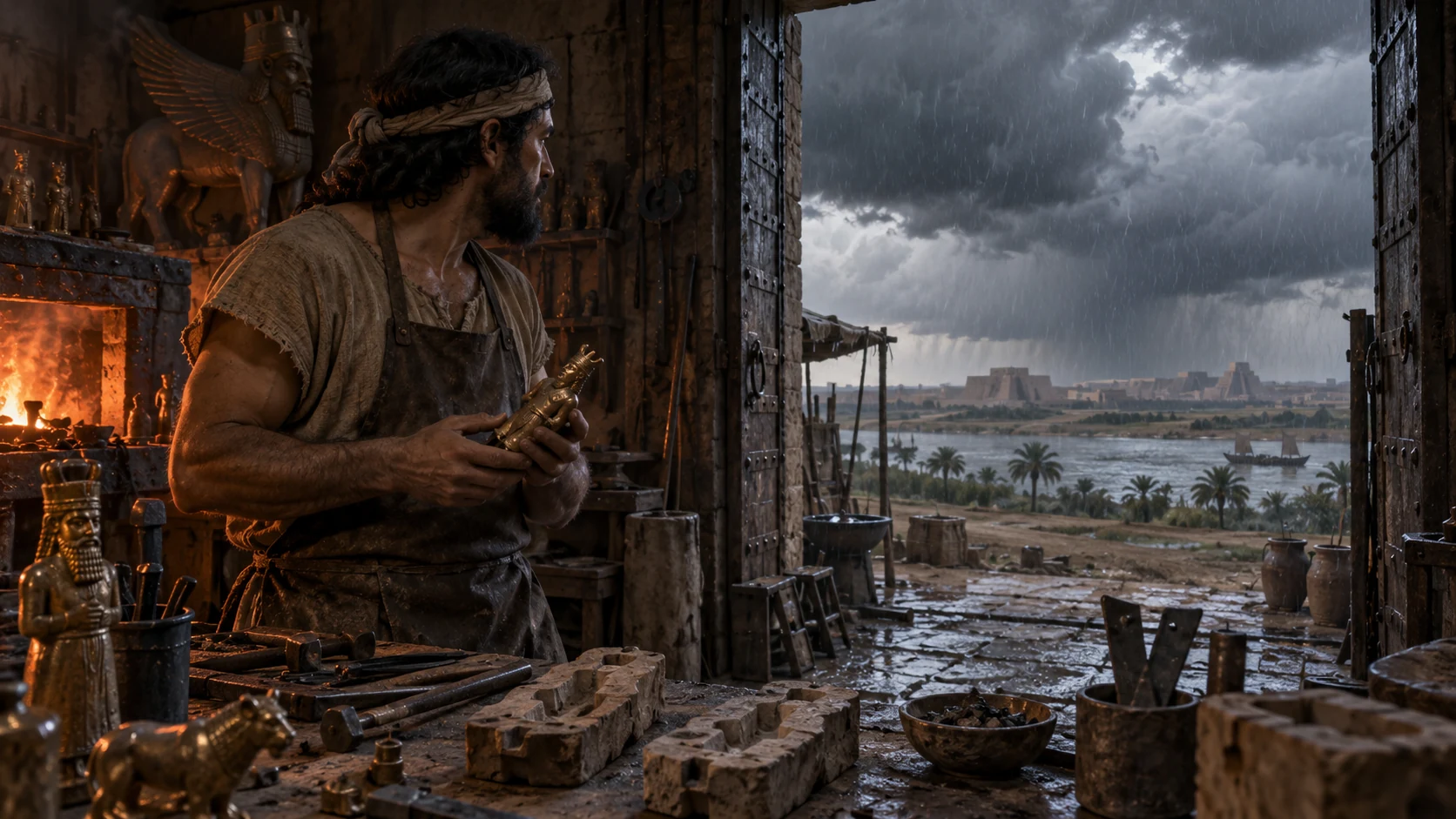A metalworker pauses over an idol while rain gathers outside.