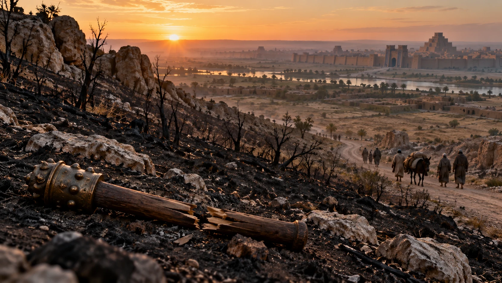 A broken war club rests on a blackened hillside above Babylon.