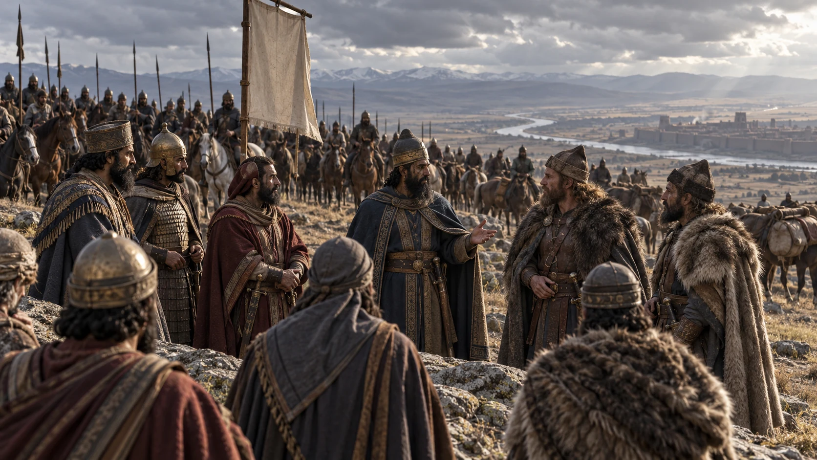 Delegates gather beneath a banner as cavalry forms on a northern plain.