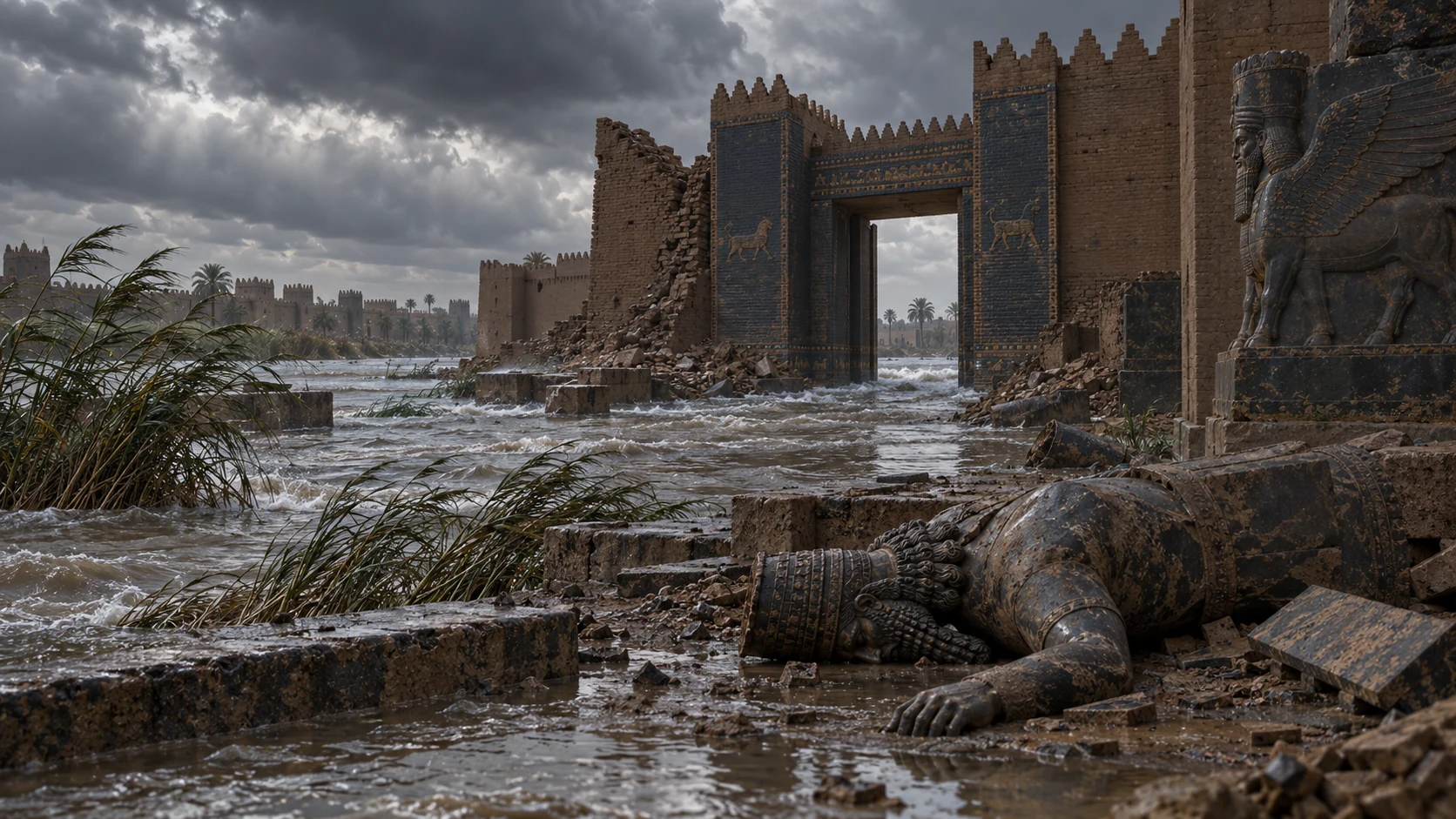 Water flows through a breached Babylonian gate beside a toppled statue.