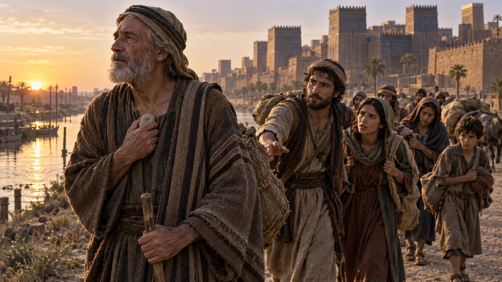An older traveler holds a small stone while companions leave Babylon.