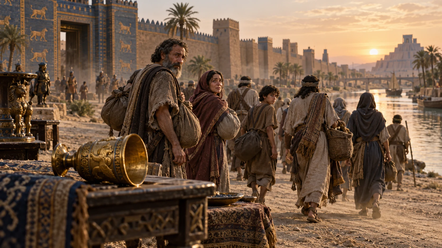 Exiled families depart Babylon past a tipped gold cup.