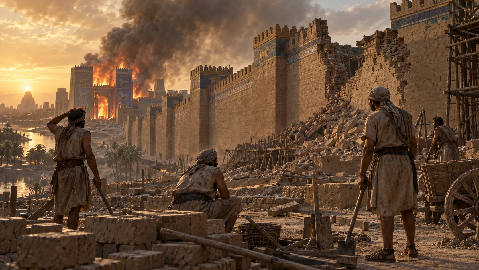 Civilian workers watch a damaged wall and burning gate from a safe distance.
