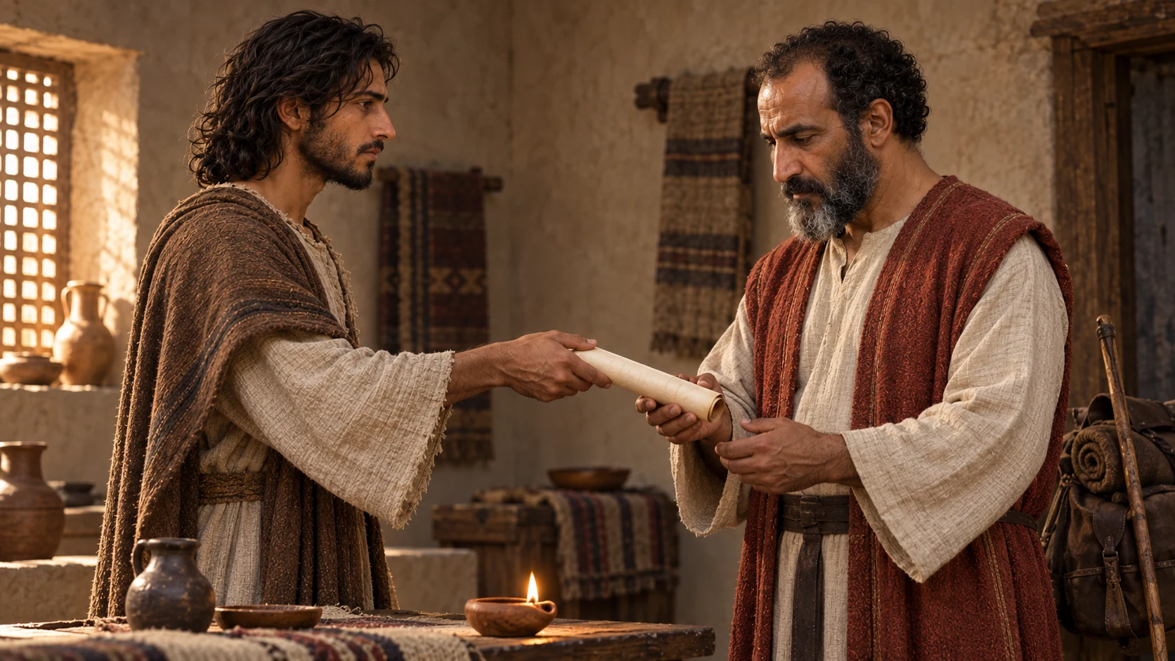 Jeremiah hands a rolled scroll to Seraiah inside a Judean room.