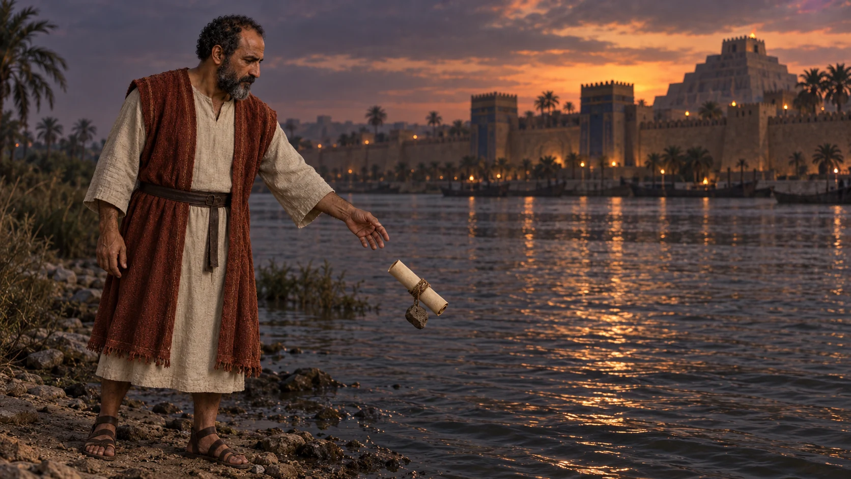 Seraiah releases the stone-bound scroll over the Euphrates at dusk.