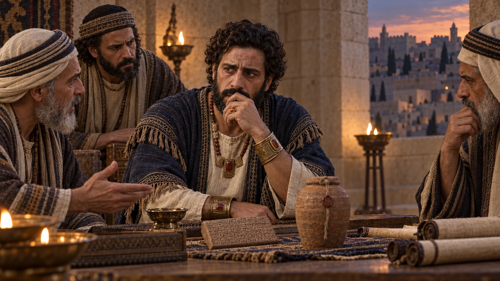 Zedekiah weighs counsel in a Jerusalem chamber.