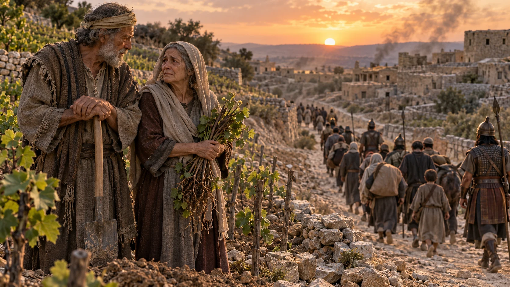 An elderly farming couple watches a guarded line of exiles depart.