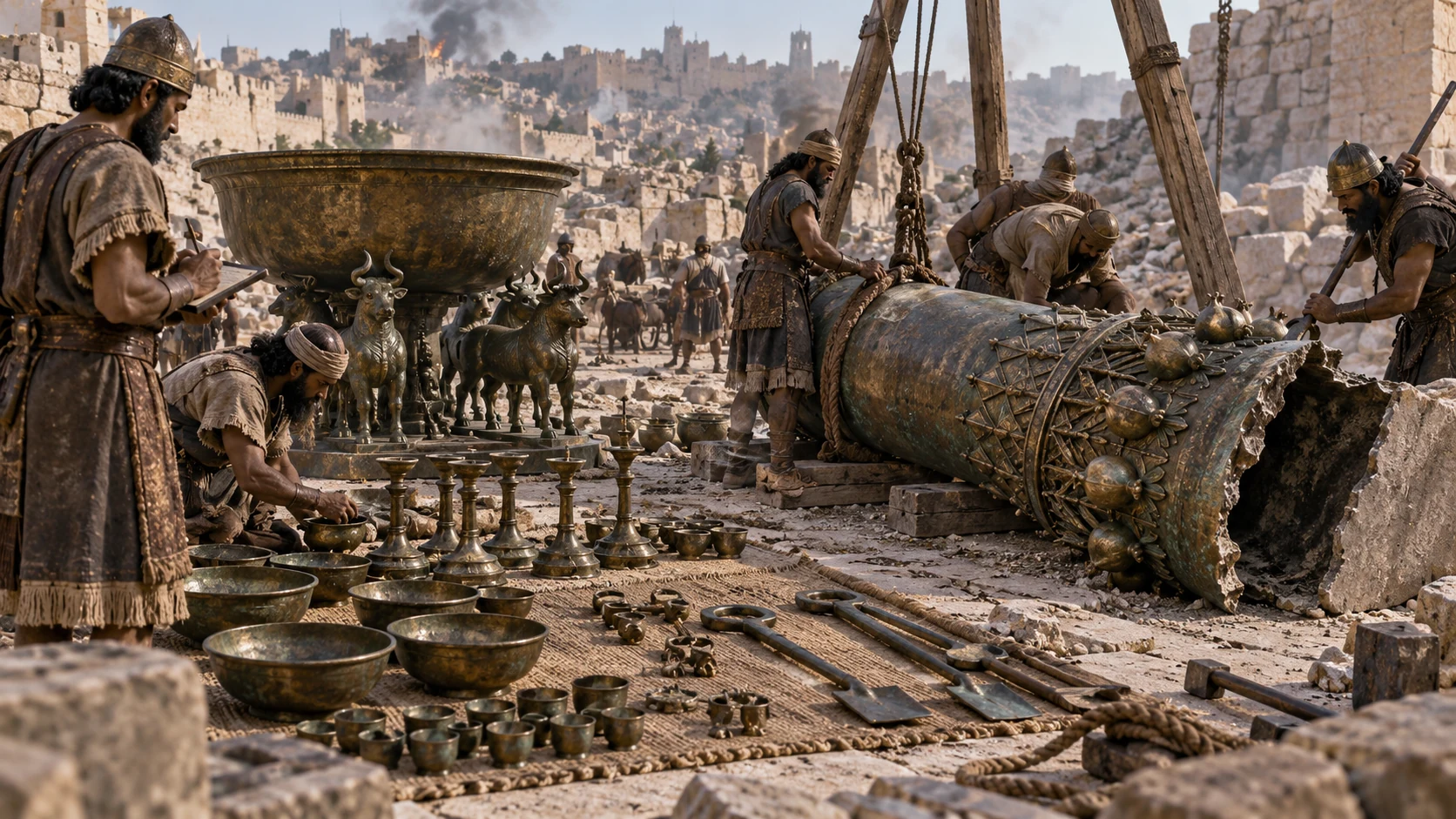 Workers inventory heavy bronze furnishings among the ruins.