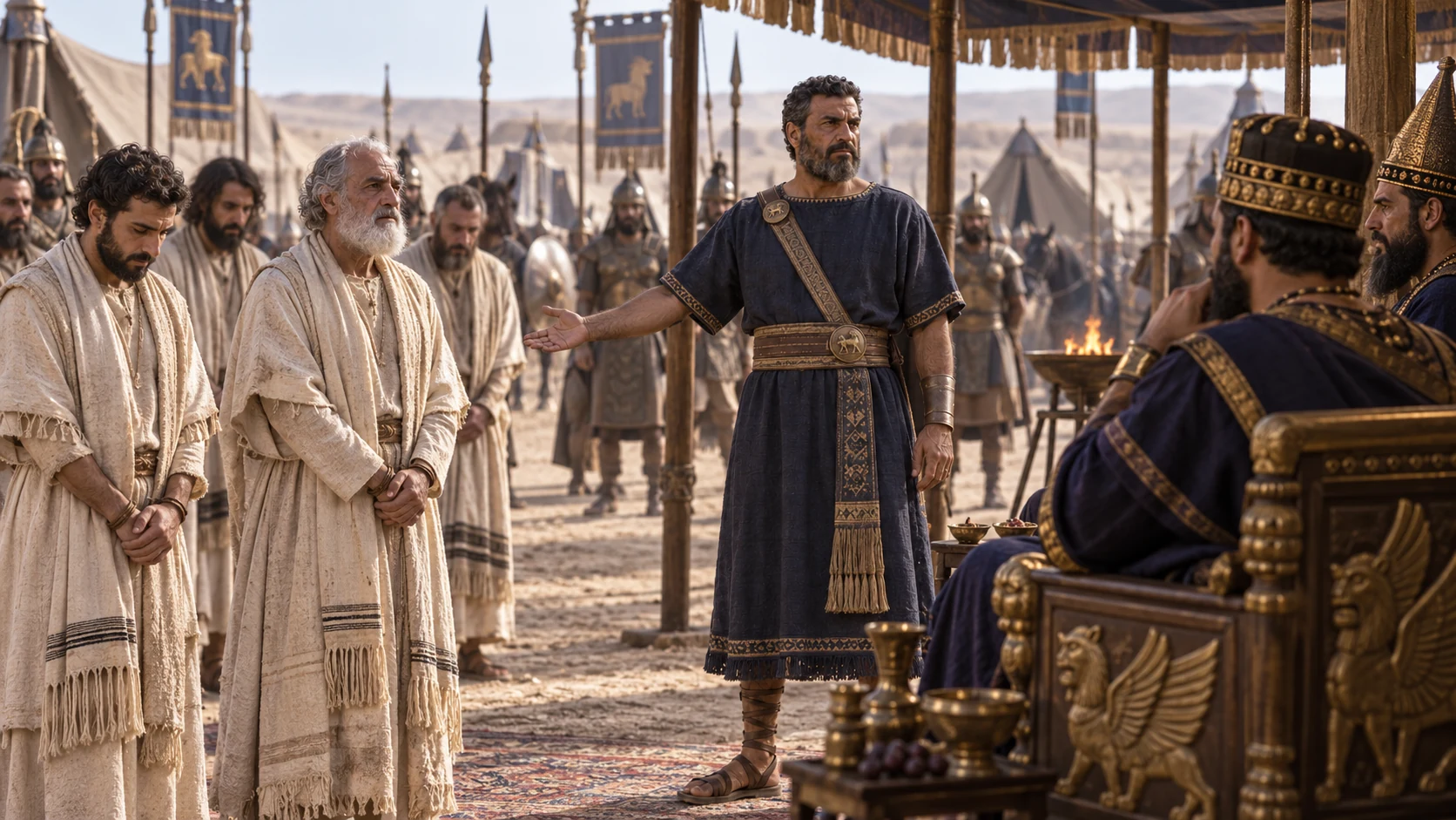 Nebuzaradan presents captive priests and officials to Babylonian command.
