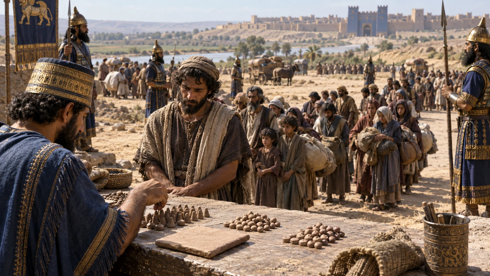 A scribe counts Judean families at a roadside muster point.