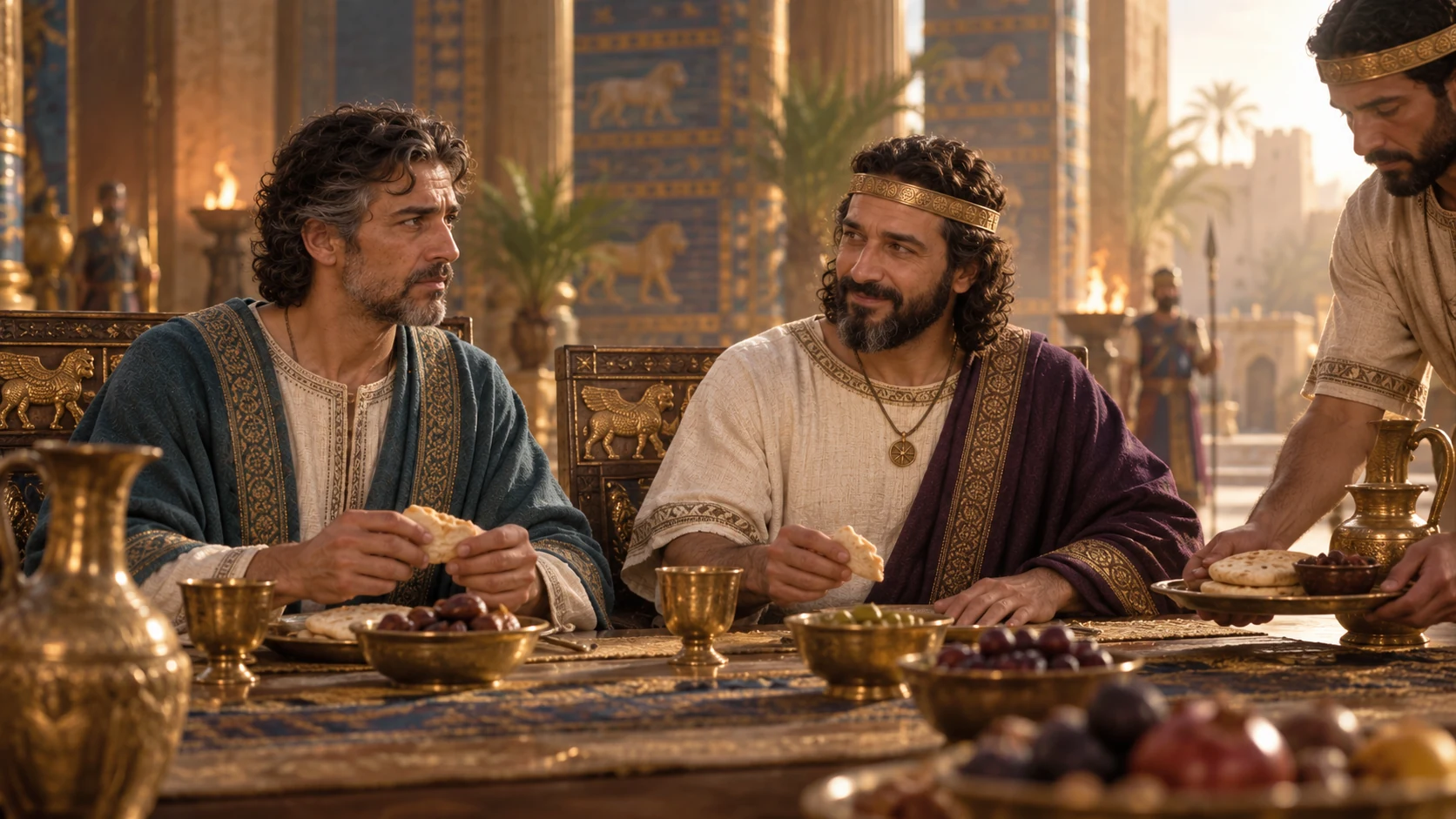 Jehoiachin shares bread with Evil-merodach at the royal table.