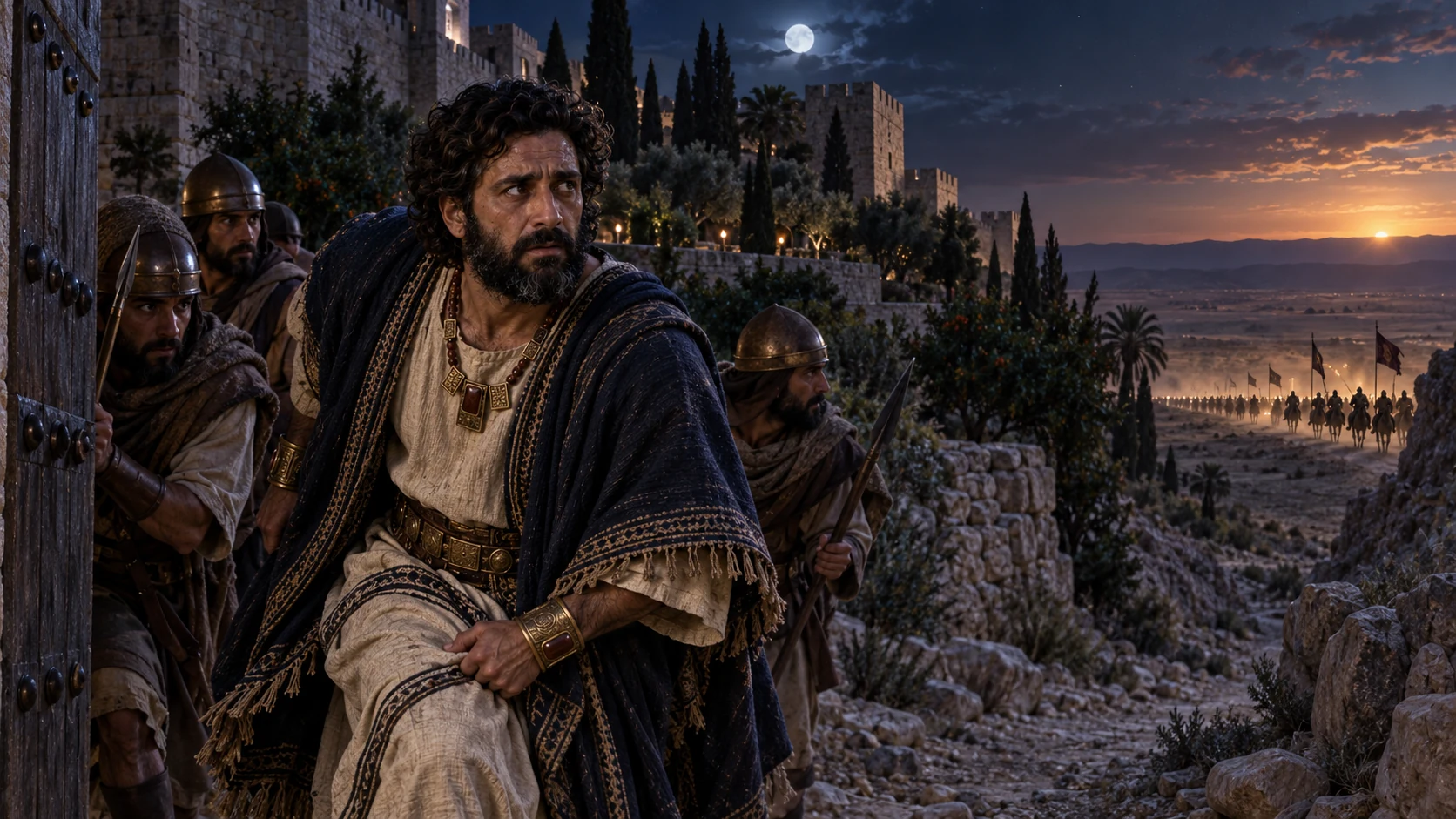 Zedekiah and guards leave a narrow gate while riders approach far away.