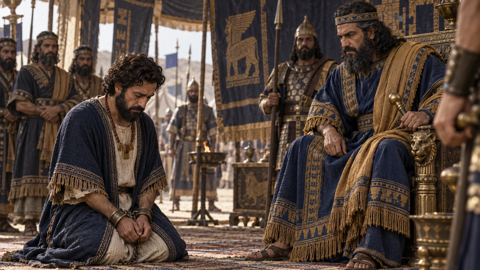 Zedekiah kneels in shackles before Nebuchadnezzar at Riblah.