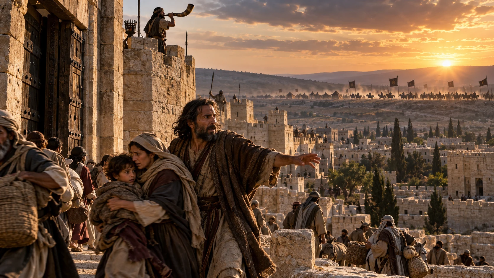 A watchman sounds a ram horn over Jerusalem while Jeremiah directs families to shelter and distant riders gather.