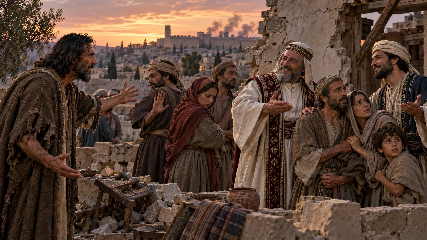 Jeremiah warns a courtyard gathering as a confident priest and prophet dismiss visible distress.