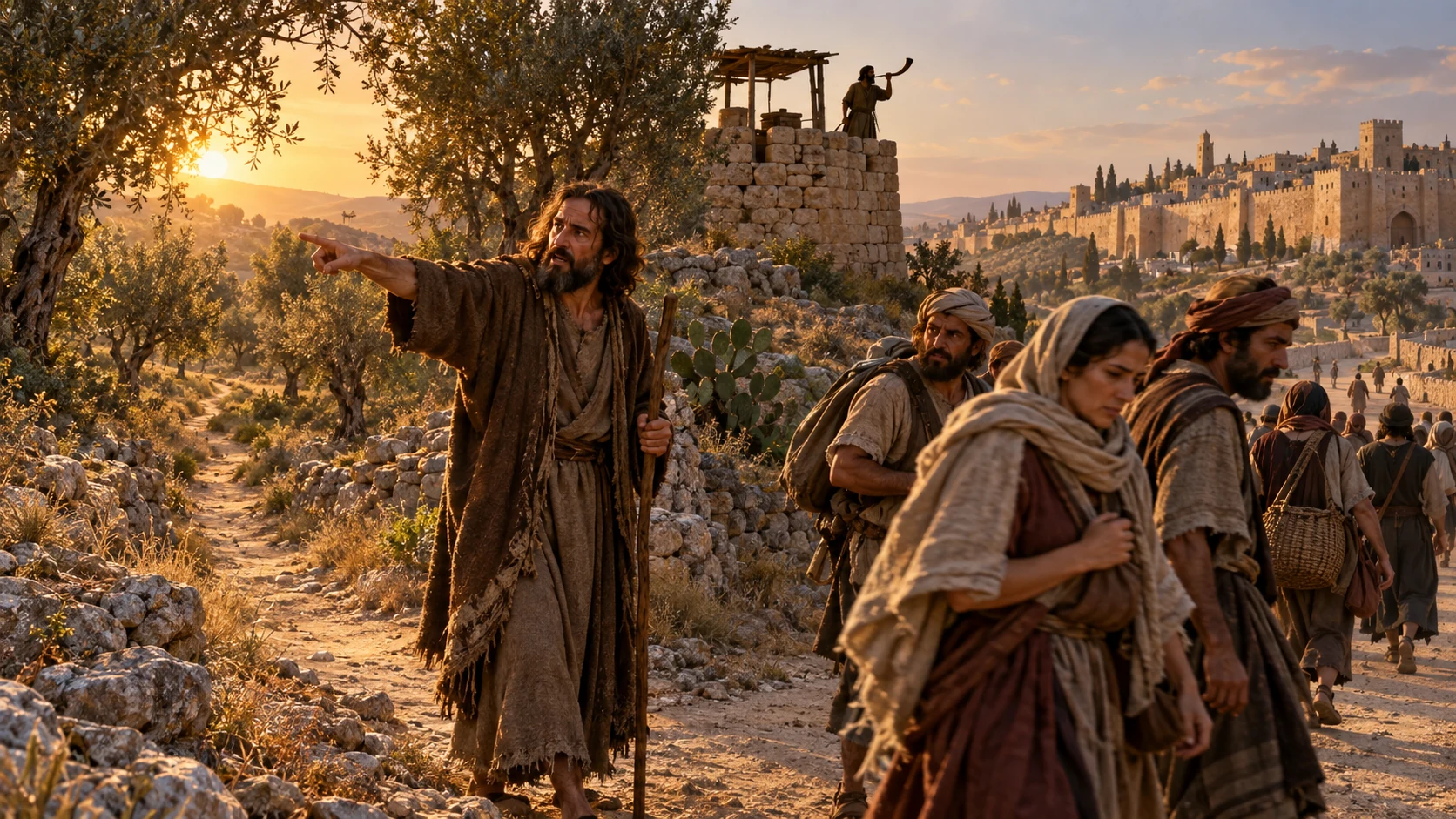 Jeremiah points to an old path at a crossroads as people turn away and a watchman raises a horn.