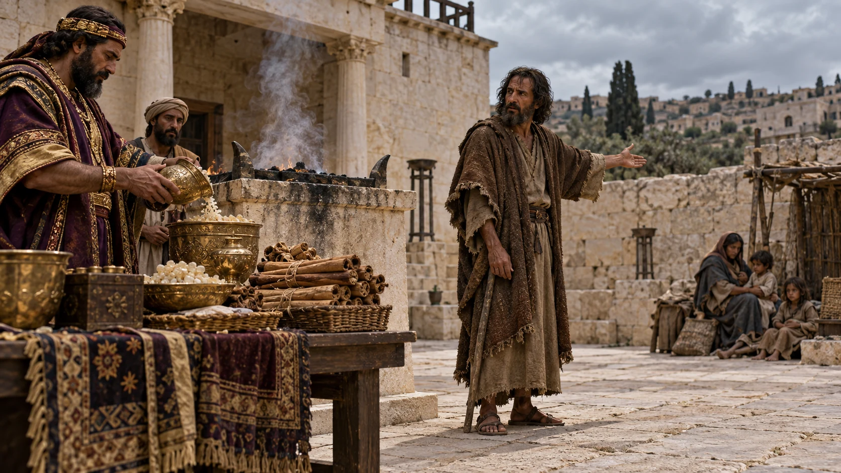 A merchant presents costly offerings while Jeremiah points toward a neglected poor family.