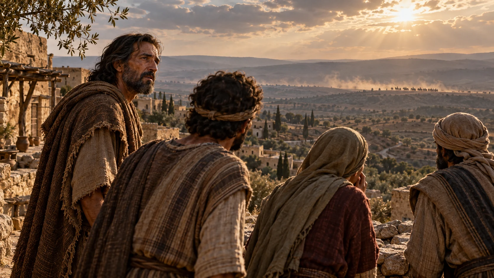 Jeremiah and villagers look toward a distant line of northern riders on a dusty horizon.