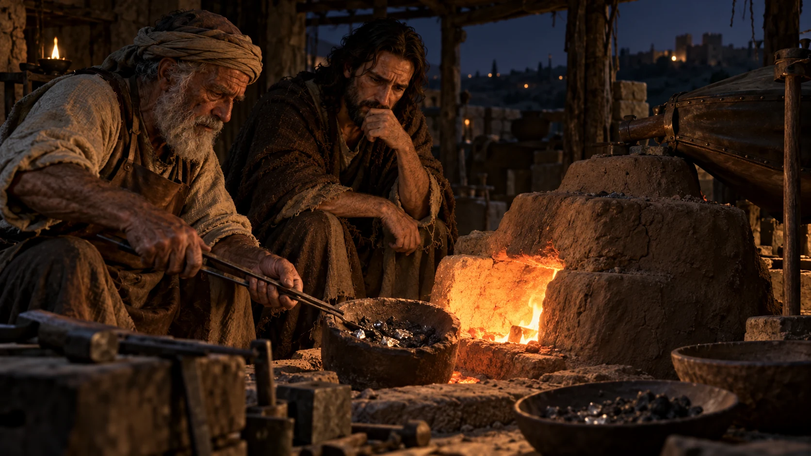 Jeremiah and a metalworker study dark slag in a clay furnace by firelight.