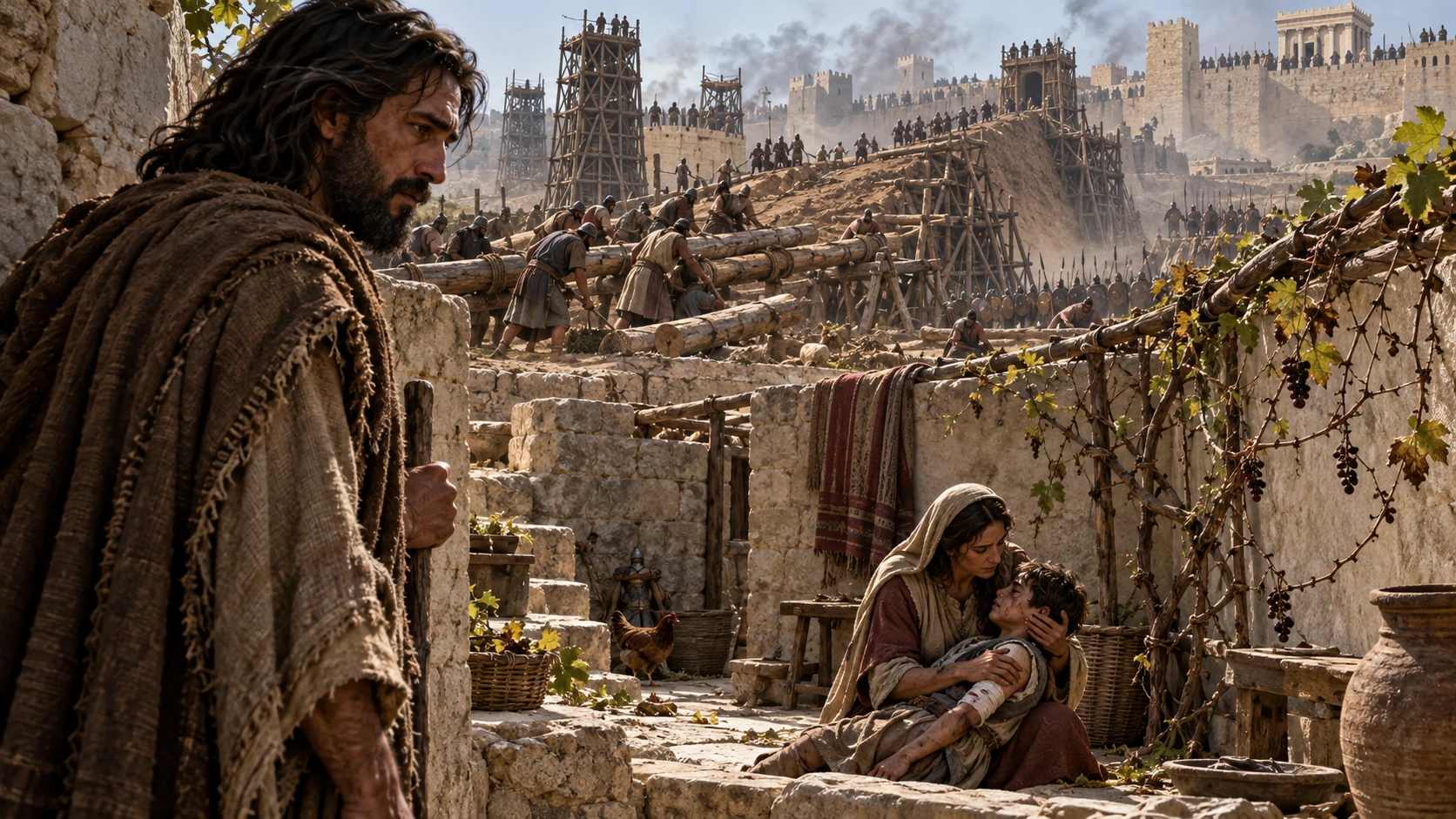 Jeremiah sees a siege ramp in a prophetic vision beside an injured household and a stripped grapevine.