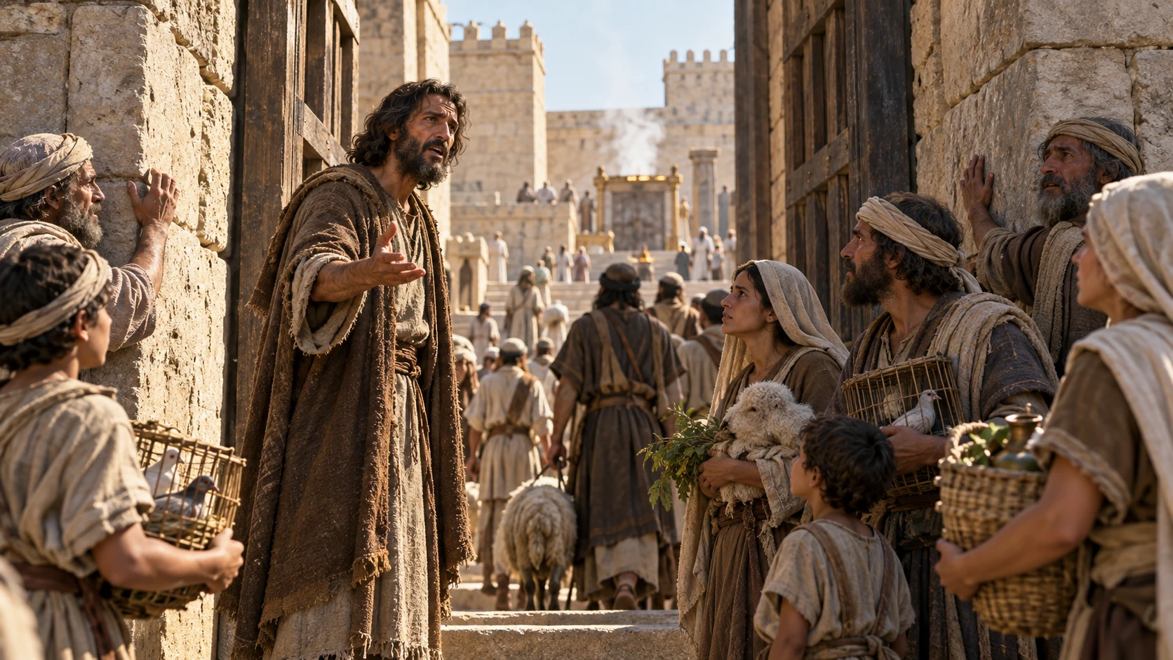 Jeremiah addresses pilgrims entering a modest temple gate, some listening and some clutching its posts.