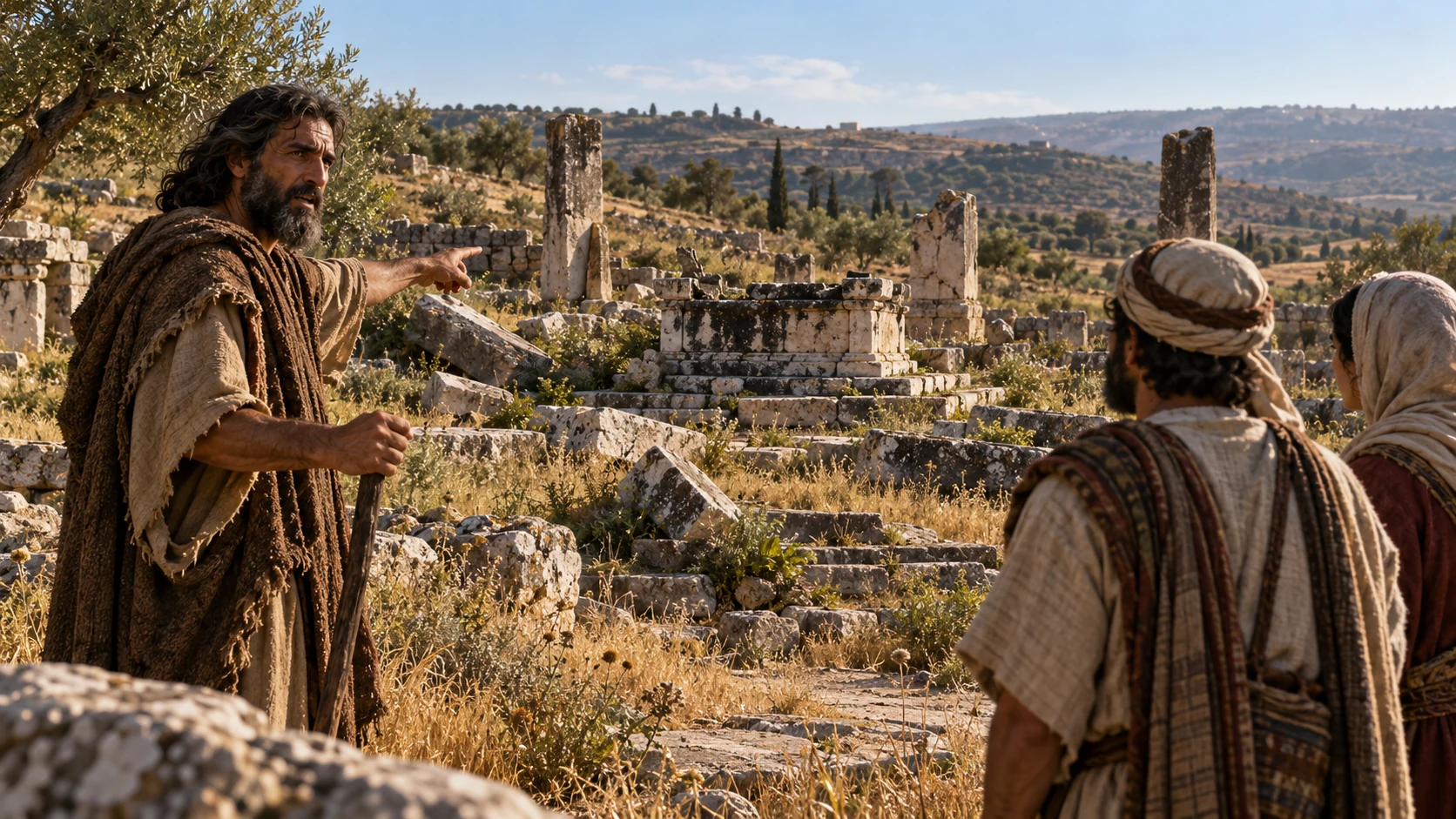 Jeremiah points pilgrims toward abandoned stone foundations at Shiloh.