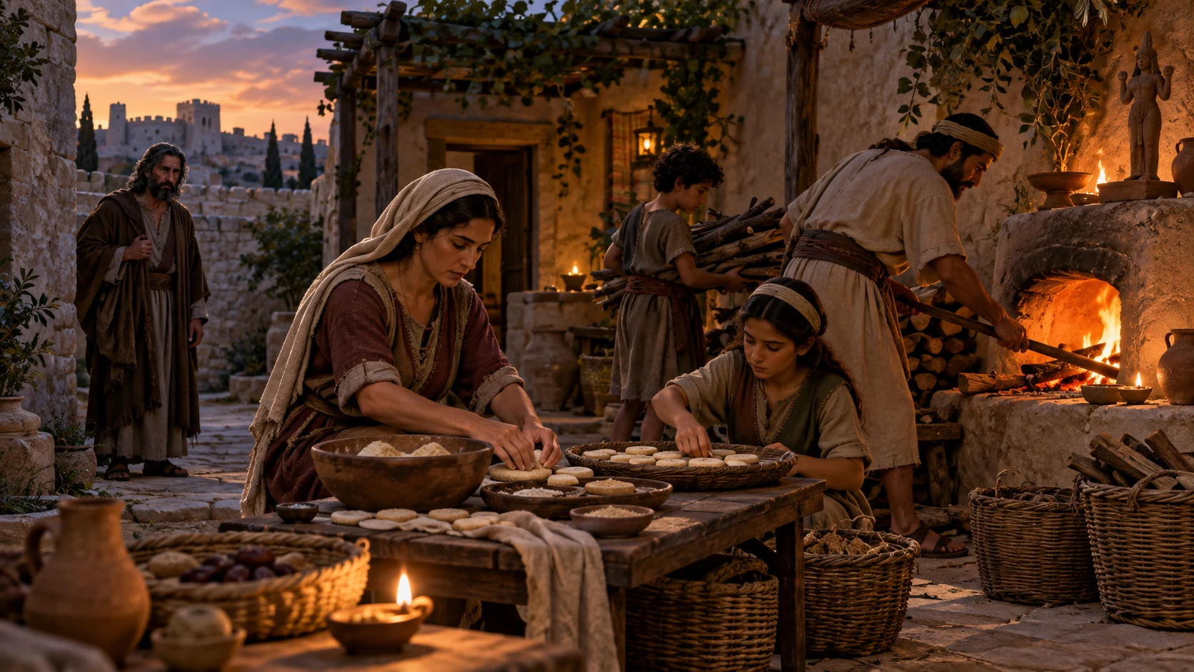 A family prepares ritual cakes and a fire in a courtyard while Jeremiah watches in grief from the lane.