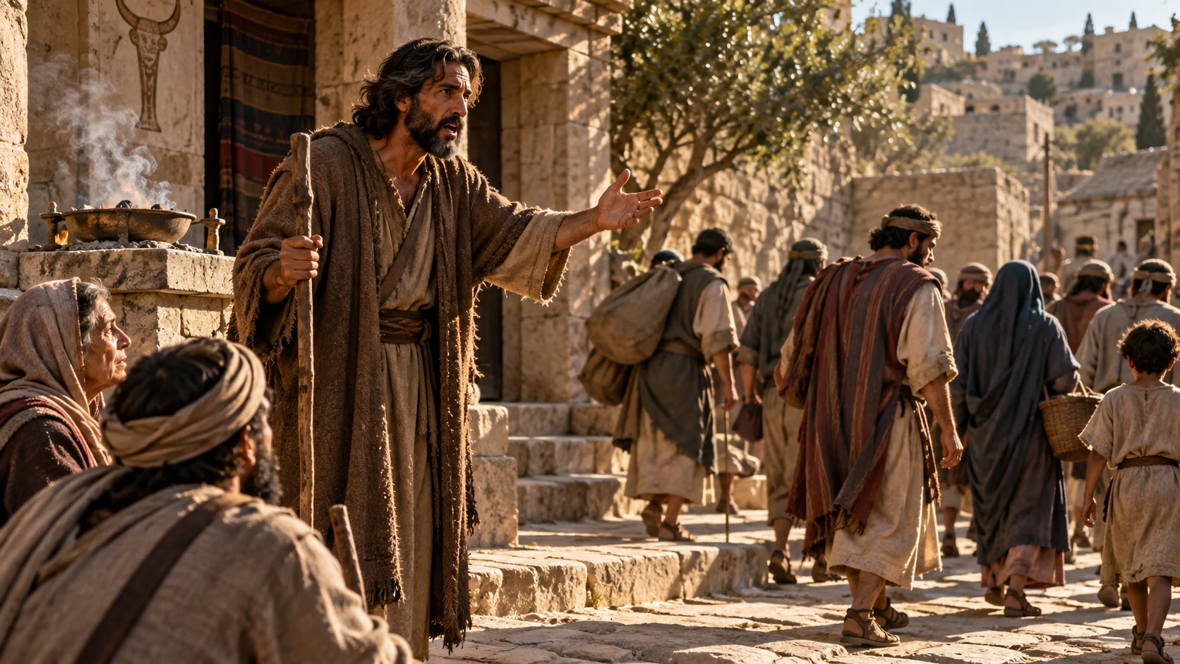 Jeremiah speaks beside a simple offering bowl as most of the crowd walks away.