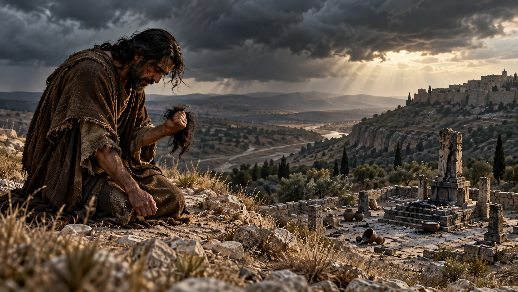 Jeremiah holds a cut lock of hair on a barren ridge above a deserted shrine.